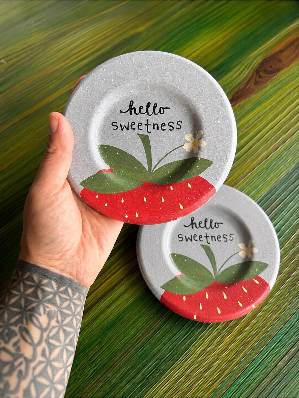 Set of 2 MacKenzie-Childs Hello Sweetness Strawberry Wood Coasters 6”